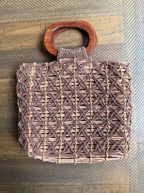 Vintage Liz Claiborne Mini Straw Bag Wooden Handle Woven Boho Resort Purse
